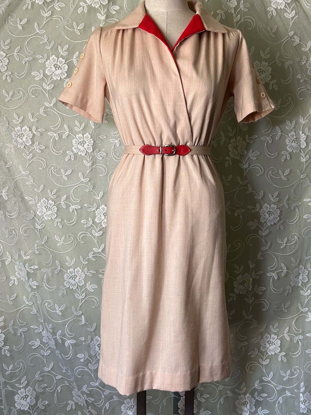 Vintage jcpenney Nude/Tan Midi Dress with Red Trim and Belt, Vixen Bombshell
